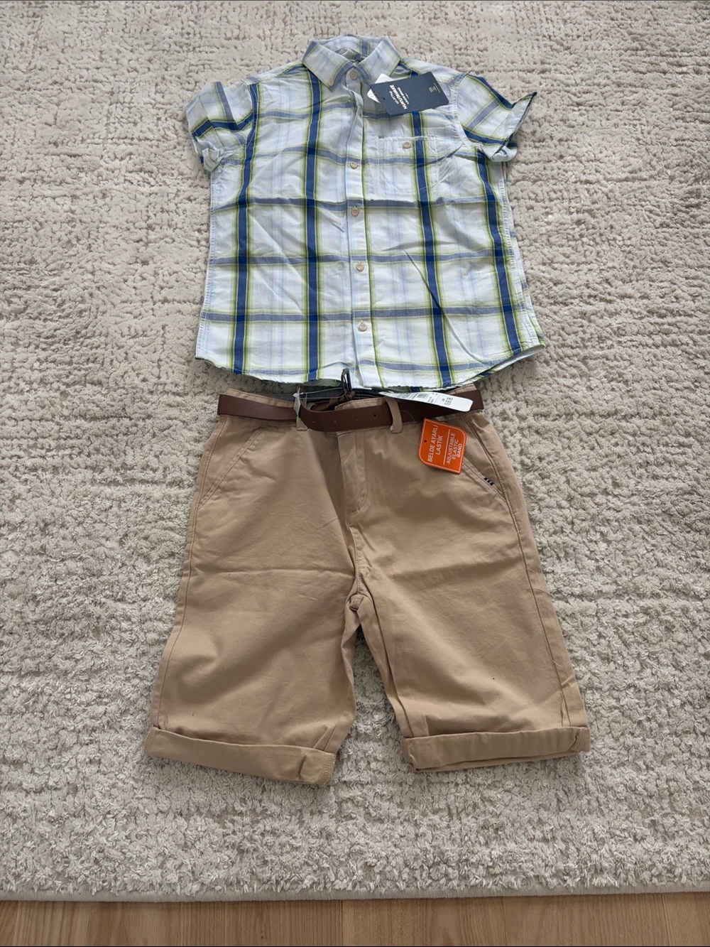Plaid Short-Sleeve Button-Up Shirt in Blue & Green shirt and shorts made in Spai
